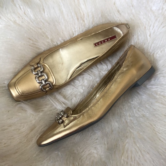 PRADA Gold Leather Flats w/ Silver Chain - Picture 2 of 11